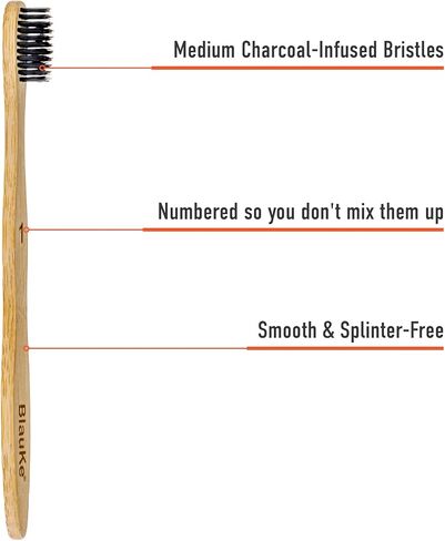 BlauKe Bamboo Toothbrushes Medium Bristles 5-Pack – Biodegradable, Sustainable, Natural, Eco Friendly – Black Charcoal Wooden Toothbrush Set in Saudi Arabia