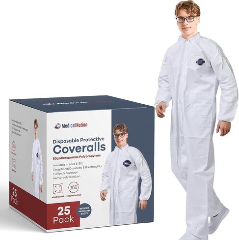 Hazmat Suits | 25 Pack, Extra Large | Disposable Protective Coveralls, Heavy Duty Full Body Painters Suit for Men & Women without Hood - Breathable & Water Resistant - XL in Saudi Arabia