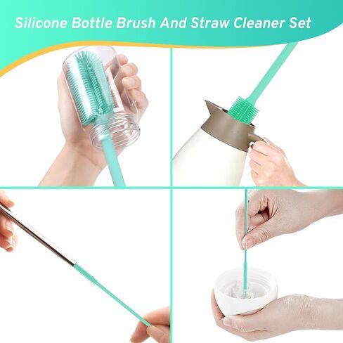 Silicone Bottle Brush with 2 Straw Cleaner Brushes,Bottle Brush Set for Cleaning Bottles,Jars,Tumblers,Thermoses,Baby Bottle,Water Bottle,Dish,Easy to Use and Dry,Heat Resistant Sturdy in Saudi Arabia