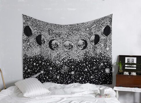 لوحة حائط منسوجة على شكل مراحل القمر السماوي لديكور الغرفة (68 × 54 بوصة) | بطانية حائط جمالية، مفرش سرير من القماش البوهيمي | بطانية حائط هيبي هندي من ستاردست لغرفة النوم - أبيض وأسود in Kuwait