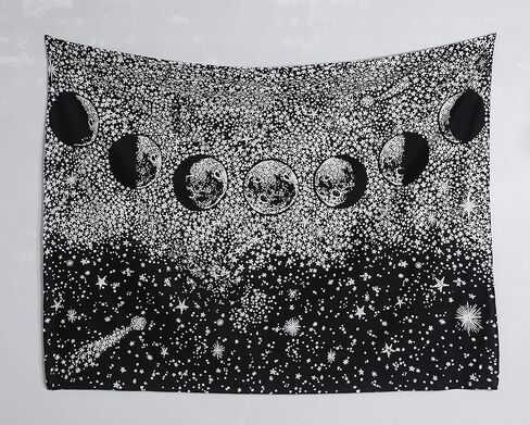 لوحة حائط منسوجة على شكل مراحل القمر السماوي لديكور الغرفة (68 × 54 بوصة) | بطانية حائط جمالية، مفرش سرير من القماش البوهيمي | بطانية حائط هيبي هندي من ستاردست لغرفة النوم - أبيض وأسود in Kuwait