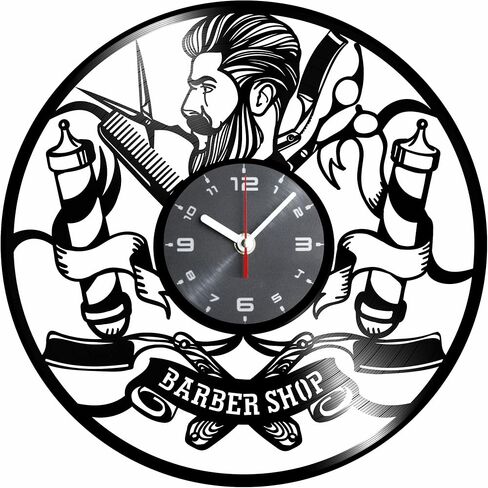 Barbershop vinyl wall clock with barbers sign - Vintage barber shop hairdresser themed art home room decorations - Man hair stylist hanging decor gift set idea for retro salons lovers LP Black in Saudi Arabia