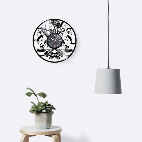 Barbershop vinyl wall clock with barbers sign - Vintage barber shop hairdresser themed art home room decorations - Man hair stylist hanging decor gift set idea for retro salons lovers LP Black in Saudi Arabia
