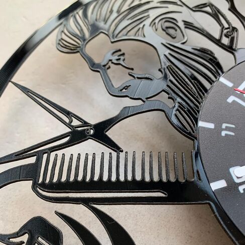 Barbershop vinyl wall clock with barbers sign - Vintage barber shop hairdresser themed art home room decorations - Man hair stylist hanging decor gift set idea for retro salons lovers LP Black in Saudi Arabia