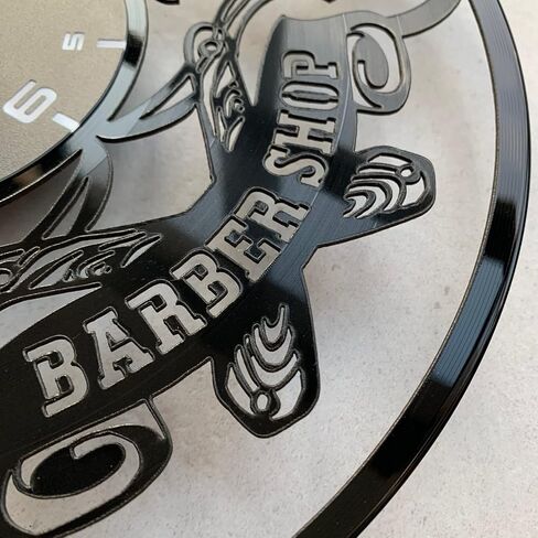 Barbershop vinyl wall clock with barbers sign - Vintage barber shop hairdresser themed art home room decorations - Man hair stylist hanging decor gift set idea for retro salons lovers LP Black in Saudi Arabia