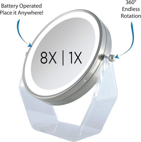 Zadro LED Lighted 8X/1X Magnification Two-Sided Swivel Acrylic Base Vanity Makeup Mirror for Bedroom, Bathroom and Tabletop in Satin Nickel in Saudi Arabia