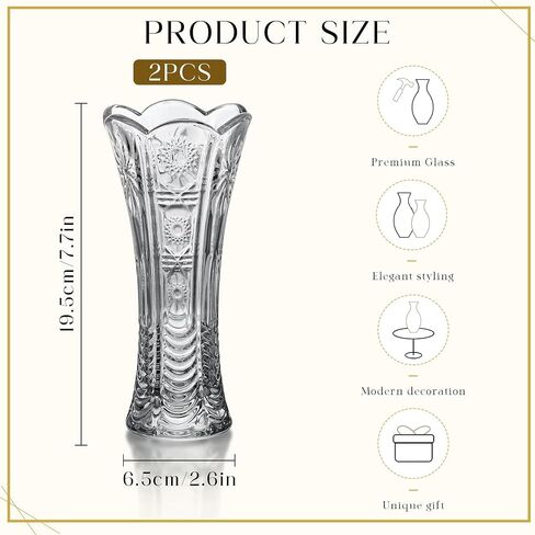 7.7'' Tall Clear Crystal Vase,Glass Flower Vase Thickening Design,Glass Vase for Flowers Suitable for Home Table Centerpieces, Wedding,Festival Decor,Pair in Saudi Arabia