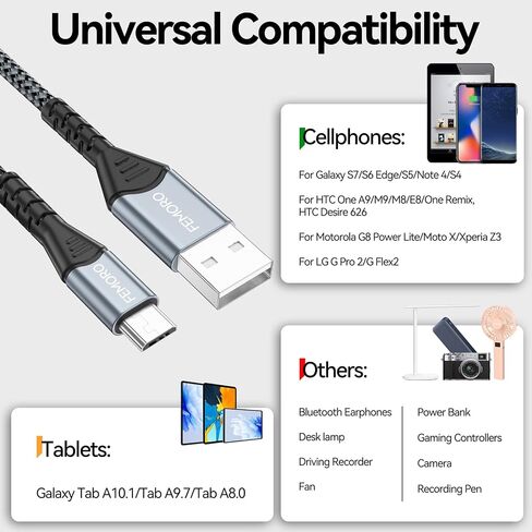 كابل FEMORO Micro USB بطول 3 أقدام 2 حزمة، USB من النوع A إلى Micro USB 2.0 كابلات شاحن لنقل البيانات سلك Android 12 وات متوافق مع MicroUSB Kindle للهواتف الذكية اللوحية ومكبر صوت بلوتوث MP3 in Kuwait