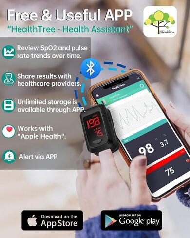 مقياس التأكسج النبضي بأطراف الأصابع - مقياس التأكسج النبضي من هولفينري، جهاز قياس التأكسج بالبلوتوث، مراقب تشبع الأكسجين لـ SpO2/معدل ضربات القلب/PI، مع عرض رسم بياني تلقائي/إنذار/تطبيق مخصص، متوافق مع iOS وAndroid in Kuwait