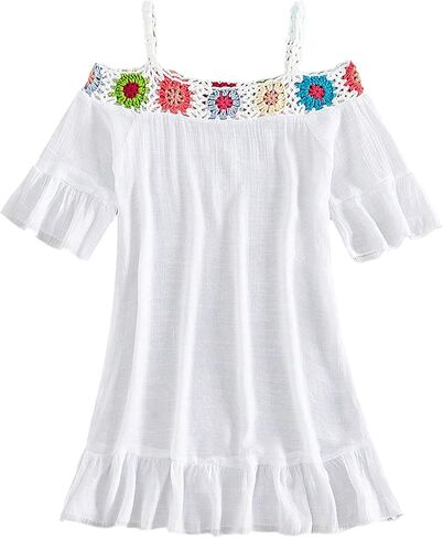 فستان COZYEASE للفتيات من الكروشيه بكتف بارد وحاشية مكشكشة وأكمام قصيرة لتغطية ملابس الشاطئ in Kuwait