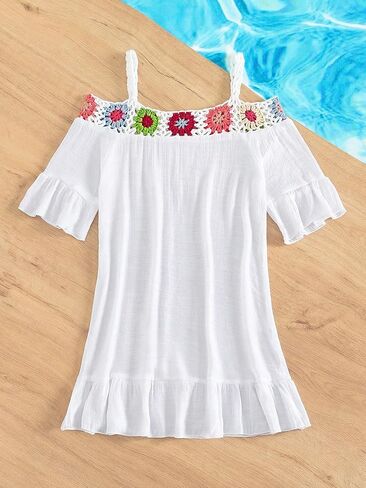 فستان COZYEASE للفتيات من الكروشيه بكتف بارد وحاشية مكشكشة وأكمام قصيرة لتغطية ملابس الشاطئ in Kuwait