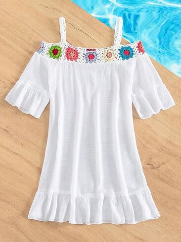 فستان COZYEASE للفتيات من الكروشيه بكتف بارد وحاشية مكشكشة وأكمام قصيرة لتغطية ملابس الشاطئ in Kuwait