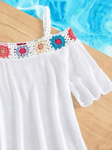 فستان COZYEASE للفتيات من الكروشيه بكتف بارد وحاشية مكشكشة وأكمام قصيرة لتغطية ملابس الشاطئ in Kuwait