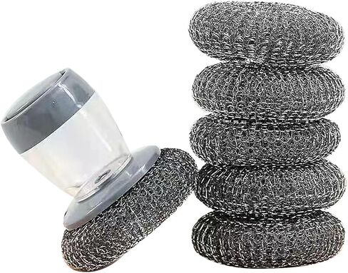6Pcs Stainless Steel Wool Scrubber and One Steel Wool Scrubber Handle can Add Detergent，Pressing can Release Liquid，Cleaning Brush and Wire Brush for Dishes, Pots, Pans, Grills, Sink in Saudi Arabia