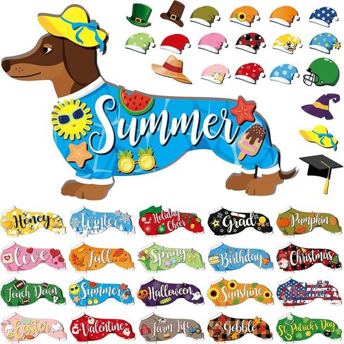 20 Pcs Interchangeable Seasonal Dog Home Sign Wooden Dachshund Decor Replaceable Rustic Welcome Dog Table Sign Decor with Interchangeable Cloth and Hats Decor for Tiered Tray Decoration in Saudi Arabia