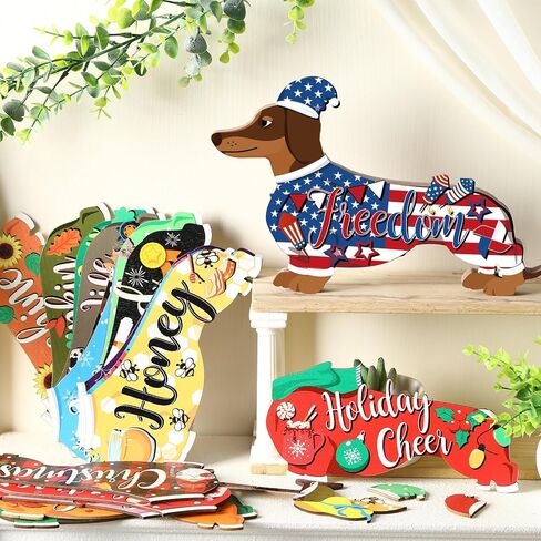20 Pcs Interchangeable Seasonal Dog Home Sign Wooden Dachshund Decor Replaceable Rustic Welcome Dog Table Sign Decor with Interchangeable Cloth and Hats Decor for Tiered Tray Decoration in Saudi Arabia
