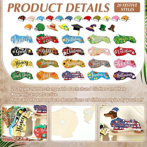 20 Pcs Interchangeable Seasonal Dog Home Sign Wooden Dachshund Decor Replaceable Rustic Welcome Dog Table Sign Decor with Interchangeable Cloth and Hats Decor for Tiered Tray Decoration in Saudi Arabia