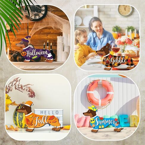 20 Pcs Interchangeable Seasonal Dog Home Sign Wooden Dachshund Decor Replaceable Rustic Welcome Dog Table Sign Decor with Interchangeable Cloth and Hats Decor for Tiered Tray Decoration in Saudi Arabia