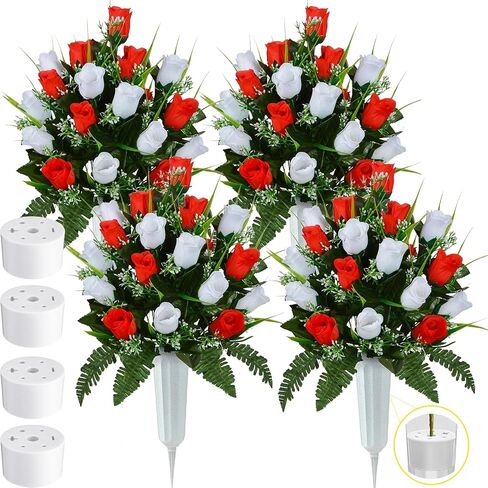 Crowye 4 Sets Artificial Cemetery Flowers 96 Heads Artificial Rose Bouquet Grave Flowers for Cemetery Flower Arrangement with Vase Silk Memorial Flowers for Headstone Decor Outdoor (Gradient Blue) in Saudi Arabia