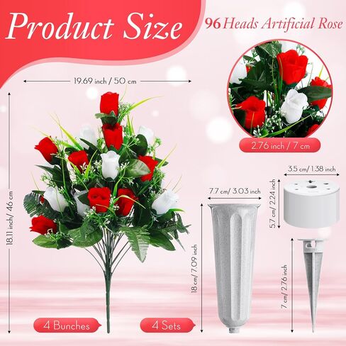 Crowye 4 Sets Artificial Cemetery Flowers 96 Heads Artificial Rose Bouquet Grave Flowers for Cemetery Flower Arrangement with Vase Silk Memorial Flowers for Headstone Decor Outdoor (Gradient Blue) in Saudi Arabia