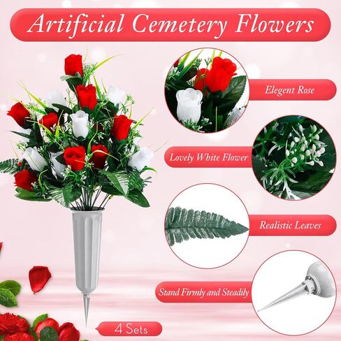 Crowye 4 Sets Artificial Cemetery Flowers 96 Heads Artificial Rose Bouquet Grave Flowers for Cemetery Flower Arrangement with Vase Silk Memorial Flowers for Headstone Decor Outdoor (Gradient Blue) in Saudi Arabia