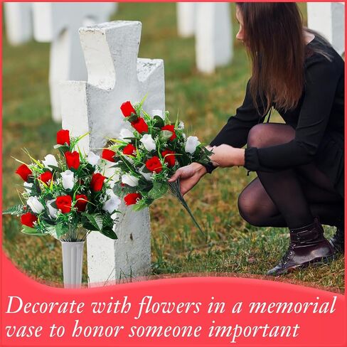 Crowye 4 Sets Artificial Cemetery Flowers 96 Heads Artificial Rose Bouquet Grave Flowers for Cemetery Flower Arrangement with Vase Silk Memorial Flowers for Headstone Decor Outdoor (Gradient Blue) in Saudi Arabia