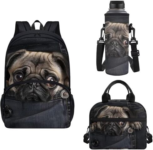 Pug Print Backpack Set for Boys 3 Pack Book Bag with Water Holder Case Meal Bag, Travel Rucksack 17inch School Bag with Side Mesh Pocket in Saudi Arabia