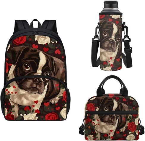 Pug Print Backpack Set for Boys 3 Pack Book Bag with Water Holder Case Meal Bag, Travel Rucksack 17inch School Bag with Side Mesh Pocket in Saudi Arabia