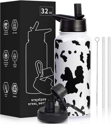 32oz Cow Print Vacuum Insulated Stainless Steel Water Bottles with Straw & Spout Lids, Double Wall Sport Bottle, Sweat-Proof BPA Free, Canteen Metal Thermo Mug Hydro Jug, Cow Print Stuff Gifts in Saudi Arabia