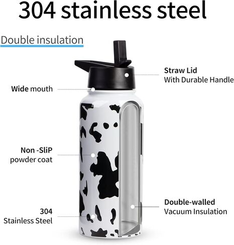 32oz Cow Print Vacuum Insulated Stainless Steel Water Bottles with Straw & Spout Lids, Double Wall Sport Bottle, Sweat-Proof BPA Free, Canteen Metal Thermo Mug Hydro Jug, Cow Print Stuff Gifts in Saudi Arabia
