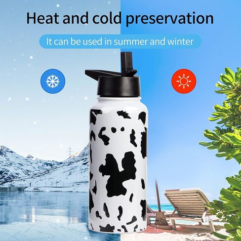 32oz Cow Print Vacuum Insulated Stainless Steel Water Bottles with Straw & Spout Lids, Double Wall Sport Bottle, Sweat-Proof BPA Free, Canteen Metal Thermo Mug Hydro Jug, Cow Print Stuff Gifts in Saudi Arabia
