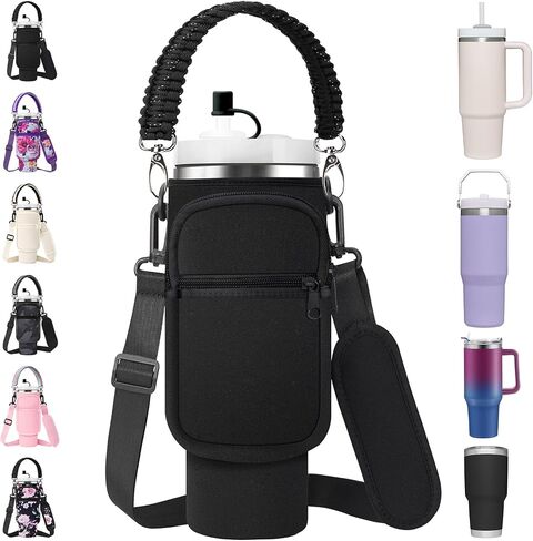 Water Bottle Carrier Bag with Paracord Handle for Stanley 40/30 oz Tumbler Neoprene Insulated Mug Sleeve Pouch with 2 Pockets & Adjustable Strap & Straw Cover for Stanley Cup Accessories in Saudi Arabia