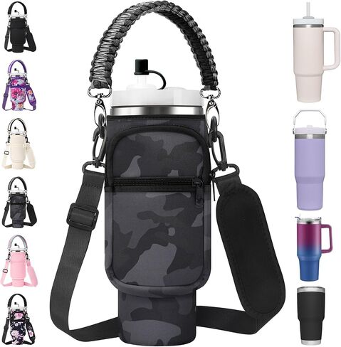 Water Bottle Carrier Bag with Paracord Handle for Stanley 40/30 oz Tumbler Neoprene Insulated Mug Sleeve Pouch with 2 Pockets & Adjustable Strap & Straw Cover for Stanley Cup Accessories in Saudi Arabia