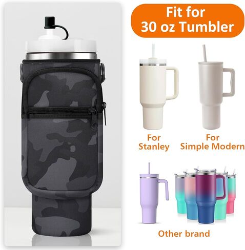 Water Bottle Carrier Bag with Paracord Handle for Stanley 40/30 oz Tumbler Neoprene Insulated Mug Sleeve Pouch with 2 Pockets & Adjustable Strap & Straw Cover for Stanley Cup Accessories in Saudi Arabia