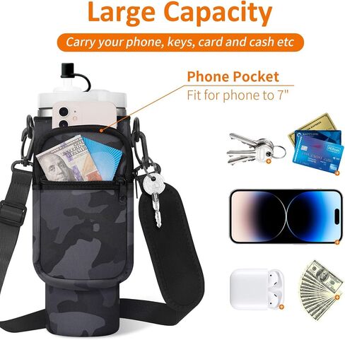 Water Bottle Carrier Bag with Paracord Handle for Stanley 40/30 oz Tumbler Neoprene Insulated Mug Sleeve Pouch with 2 Pockets & Adjustable Strap & Straw Cover for Stanley Cup Accessories in Saudi Arabia