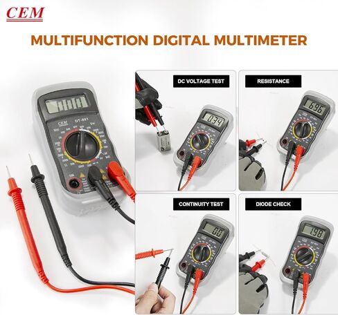 CEM DT-991 جهاز قياس رقمي متعدد الجيب مع موصلات اختبار، إضاءة خلفية LCD، فولت أمبير أوم hFE (تضخيم التيار المستمر) اختبار NPN PNP ترانزستور الثنائيات اختبار الاستمرارية المسموعة - رمادي، حافظة حافظة in Kuwait