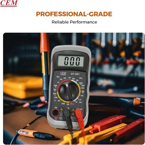 CEM DT-991 جهاز قياس رقمي متعدد الجيب مع موصلات اختبار، إضاءة خلفية LCD، فولت أمبير أوم hFE (تضخيم التيار المستمر) اختبار NPN PNP ترانزستور الثنائيات اختبار الاستمرارية المسموعة - رمادي، حافظة حافظة in Kuwait