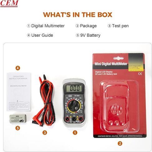 CEM DT-991 جهاز قياس رقمي متعدد الجيب مع موصلات اختبار، إضاءة خلفية LCD، فولت أمبير أوم hFE (تضخيم التيار المستمر) اختبار NPN PNP ترانزستور الثنائيات اختبار الاستمرارية المسموعة - رمادي، حافظة حافظة in Kuwait