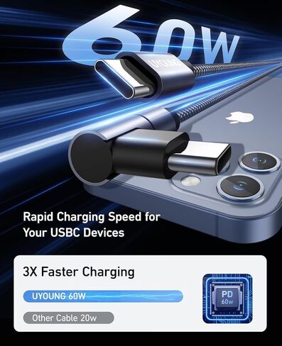 USB C to USB C Charger Cable 60W 3Pack 6FT Right Angle iPhone 15 Charger Cable Fast Type C Charging Cord for iPhone 15 Pro Max Samsung S23 Note 20 iPad Pro Air Mini MacBook Air in Kuwait
