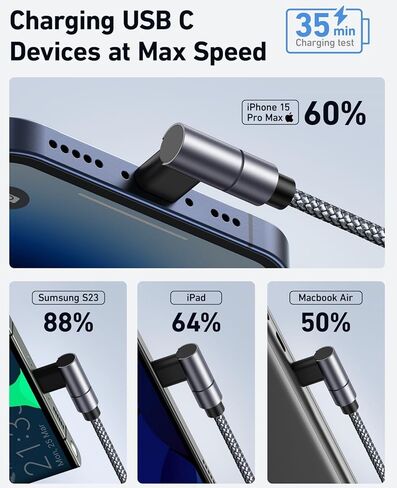 USB C to USB C Charger Cable 60W 3Pack 6FT Right Angle iPhone 15 Charger Cable Fast Type C Charging Cord for iPhone 15 Pro Max Samsung S23 Note 20 iPad Pro Air Mini MacBook Air in Kuwait