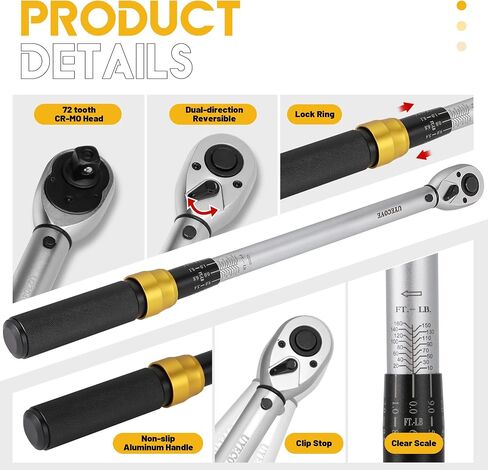 1/2-Inch Drive Click Torque Wrench 3 Pcs Set, 1/2 Torque Wrench 10-150FT-LB/13.6-203.4N.m, Torque Wrench 1/2 Drive with 1/2'' Extension Bar and 1/2''to 3/8'' Adaptor in Saudi Arabia