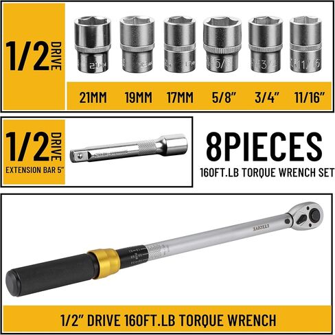 1/2-Inch Drive Click Torque Wrench 3 Pcs Set, 1/2 Torque Wrench 10-150FT-LB/13.6-203.4N.m, Torque Wrench 1/2 Drive with 1/2'' Extension Bar and 1/2''to 3/8'' Adaptor in Saudi Arabia