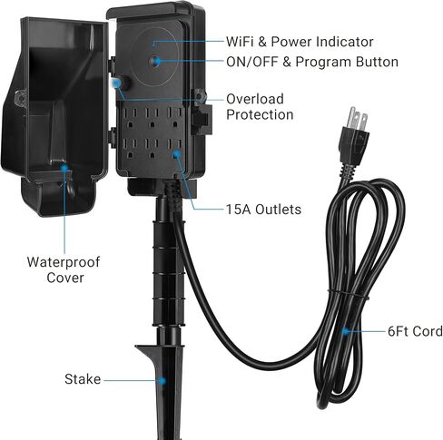 DEWENWILS WiFi Outdoor Outlet Timer, Smart Yard Stake Plug with 6 Outlets, Remote& Voice Control, Waterproof Power Stake Timer with 6Ft Cord, Alexa& Google Assistant Compatible, 1875W/15A, FCC Listed in Saudi Arabia