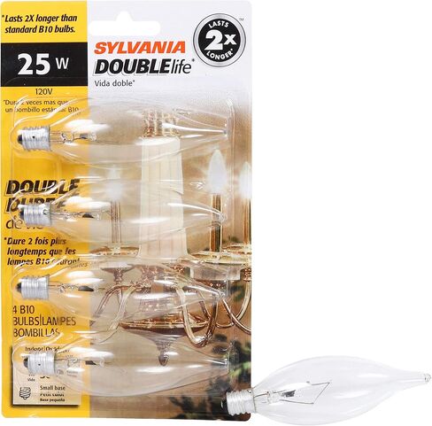 SYLVANIA Double Life Incandescent Light Bulb, B10, 25W, 150 Lumens, 2850K, Candelabra Base, Clear, Soft White - 4 Pack (13306) in Saudi Arabia