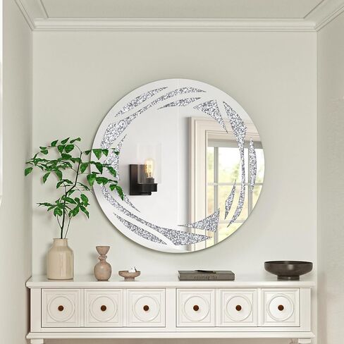 Menscha Crystal Crush Diamond Wall Mirror 24''x24'' Round Silver Mirrors for Wall Decorative Large Wall Mirrors for Living Room Bathroom Bedroom Entryway in Saudi Arabia