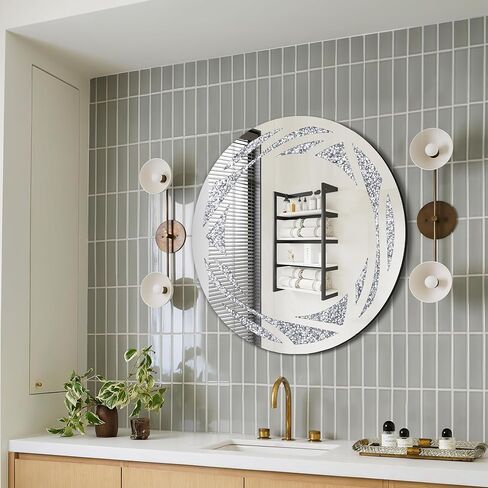 Menscha Crystal Crush Diamond Wall Mirror 24''x24'' Round Silver Mirrors for Wall Decorative Large Wall Mirrors for Living Room Bathroom Bedroom Entryway in Saudi Arabia