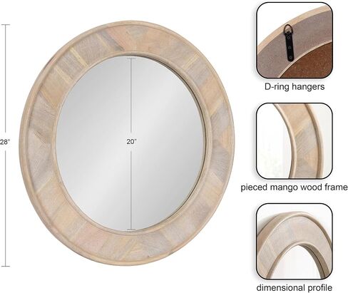 Kate and Laurel Yahna Pieced Wood Modern Round Wall Mirror, 28 Inch Diameter, Whitewash, Coastal Decorative Circle Mirror with Solid Mango Wood Frame in Saudi Arabia