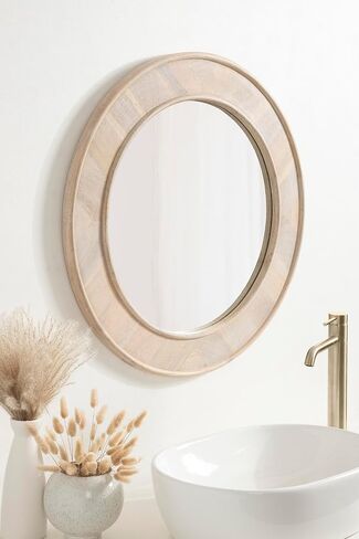 Kate and Laurel Yahna Pieced Wood Modern Round Wall Mirror, 28 Inch Diameter, Whitewash, Coastal Decorative Circle Mirror with Solid Mango Wood Frame in Saudi Arabia