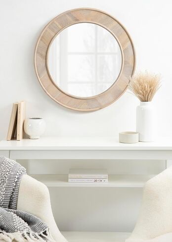 Kate and Laurel Yahna Pieced Wood Modern Round Wall Mirror, 28 Inch Diameter, Whitewash, Coastal Decorative Circle Mirror with Solid Mango Wood Frame in Saudi Arabia