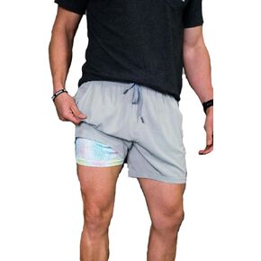Burlebo Men's Athletic Workout Shorts with Built-in Liner (Light Grey - Mayan, Large)